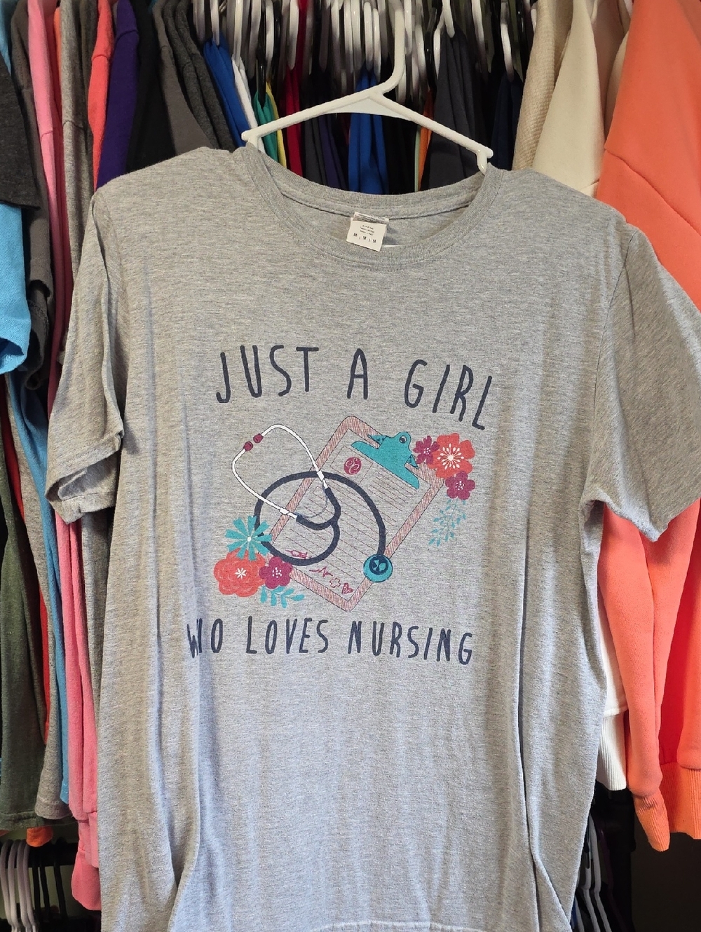 Gildan Gray Nursing Graphic Tee with Teal & Coral Accents